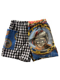 Handmade upcycled kids' shorts with a black and white gingham panel and a blue Star Wars print panel, made from a secondhand duvet & fabric scraps.