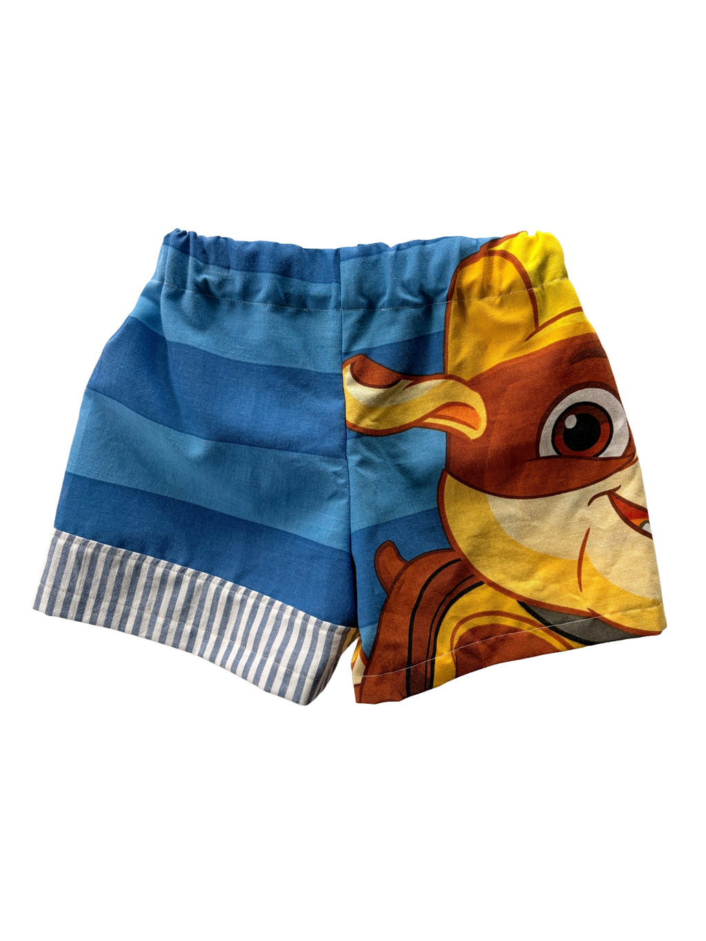 Handmade upcycled kids' shorts with blue stripes, featuring Rubble from Paw Patrol, made from a secondhand duvet.