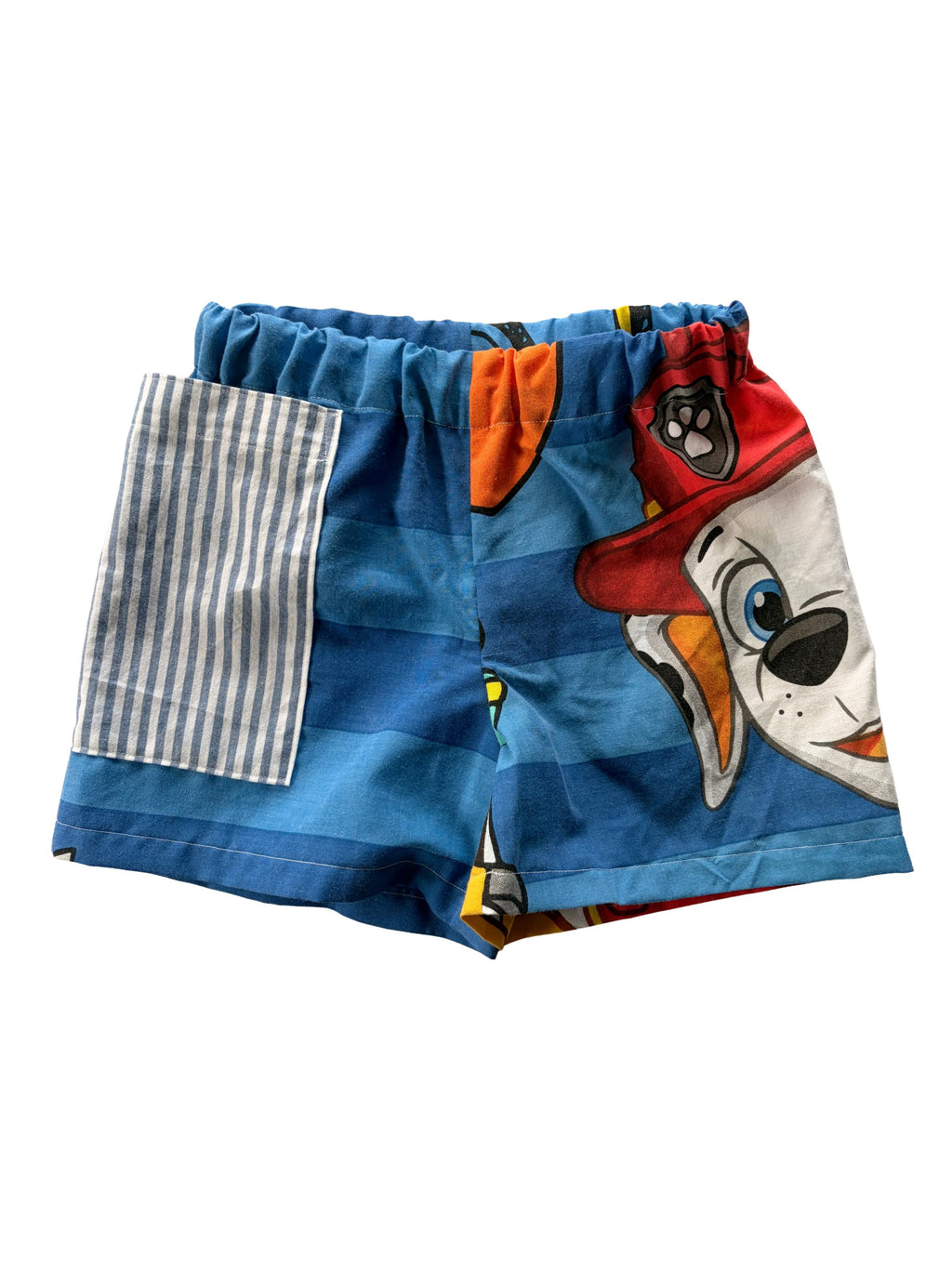 Handmade upcycled kids' shorts with blue stripes, featuring Marshall from Paw Patrol, made from a secondhand duvet.