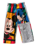 A pair of children's shorts featuring a colourful cartoon print of Mickey Mouse and Goofy, with blue and white striped leg, shown against a plain white background.